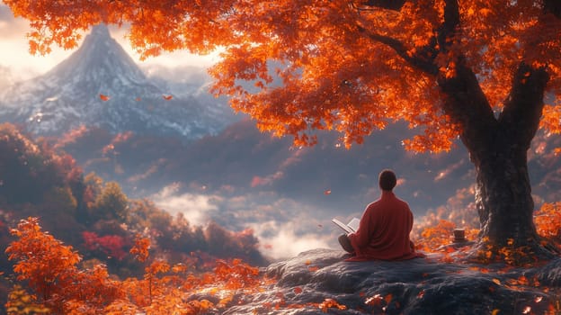 A monk in red robes meditates peacefully under vibrant autumn foliage, overlooking a serene mountain landscape, capturing the essence of tranquility and nature.