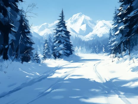 Tranquil winter scene of a snowy road winding through a pine forest with snow-covered mountains in the background, bathed in clear daylight.