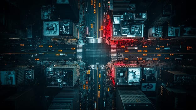 Top-down view of a bustling city intersection at night, illuminated by contrasting red and blue lights, highlighting the urban structure and movement.
