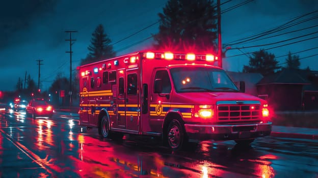 Night scene of an ambulance with flashing lights on a wet road, reflecting off the pavement in a moody, emergency response setting.