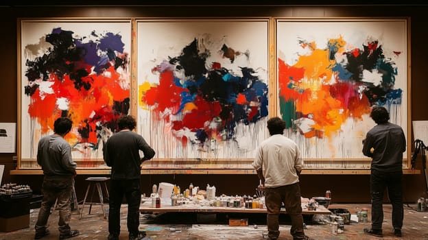 Four artists stand before vibrant, large-scale abstract paintings in a studio, surrounded by art supplies.