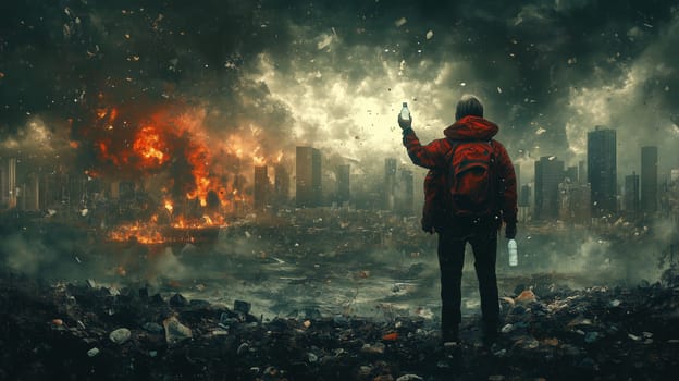A person in a red jacket stands amidst ruins, holding a water bottle, facing a distant burning city, symbolizing survival, resilience, and environmental catastrophe.