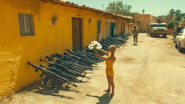A woman stands hanging white laundry beside a row of assault rifles lined up against a yellow building, contrasting domestic life with military presence.