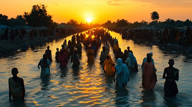 Large group of people wading through a waterway at sunset, creating a silhouette effect in a rural environment, evoking themes of journey and resilience.