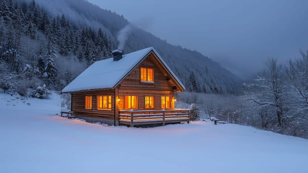 A warmly lit wooden cabin nestled in a snowy mountain setting at twilight, with smoke rising from the chimney, evoking winter coziness and solitude.