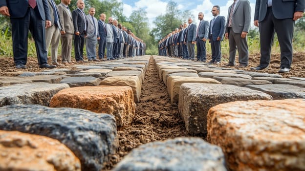 Two groups of business professionals stand on opposite sides of a cobblestone path, symbolizing division, confrontation, or negotiation in a serene outdoor setting.