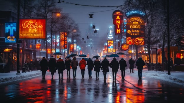 Night scene of a snowy city street illuminated by neon lights, with a group of people holding umbrellas, creating a vibrant urban atmosphere.