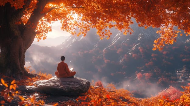 A monk in red robes meditates peacefully under vibrant autumn foliage, overlooking a serene mountain landscape, capturing the essence of tranquility and nature.