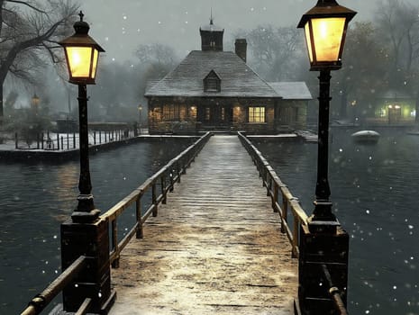 Atmospheric winter scene of a snowy pier illuminated by vintage lamps, leading to a cozy cabin with warm lights, surrounded by gentle snowfall.