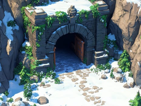 Ancient stone entrance partially covered in snow and vines, with open wooden doors leading into darkness, creating a sense of mystery and adventure.
