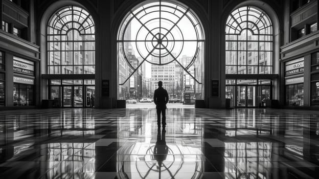 Lone silhouette in a spacious atrium with arched windows, reflections, and geometric patterns.