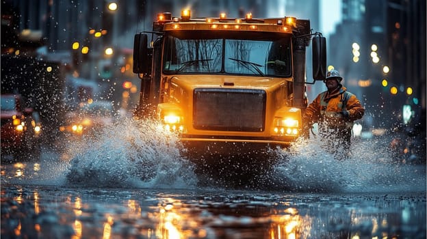 Yellow utility truck splashes through flooded street in a city, illuminated by streetlights, with a worker in rain gear.