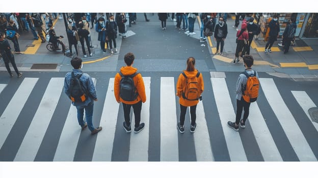 Four individuals, each with backpacks, wait at a crosswalk in an urban setting, capturing a moment of anticipation and movement in city life.