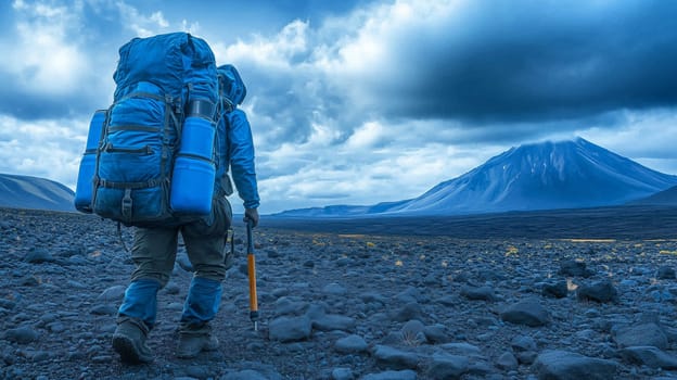 Lone backpacker with hiking gear traversing a rocky volcanic terrain with a distant mountain, under a moody, cloud-filled sky, evoking adventure and resilience.