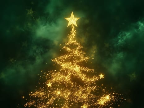 A creative Christmas tree formed by glowing star-shaped lights stacked in a pyramid shape, with a green background, creating a festive holiday ambiance.