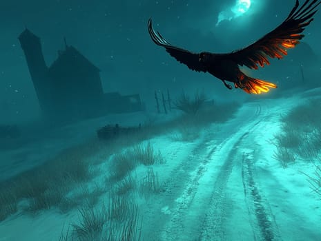 Dark, atmospheric scene of a raven flying over a snowy path with glowing wings, a silhouette of an old building in the background, and a full moon illuminating the sky.