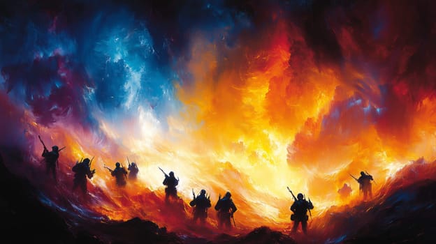 Group of soldiers silhouetted against a vibrant, apocalyptic sky filled with fiery colors, evoking intensity and battle.