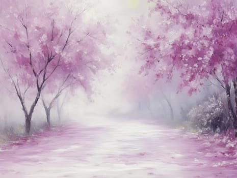 Serene illustration of a path bordered by pink cherry blossoms in a misty, pastel-toned landscape, evoking tranquility and natural beauty. No people.