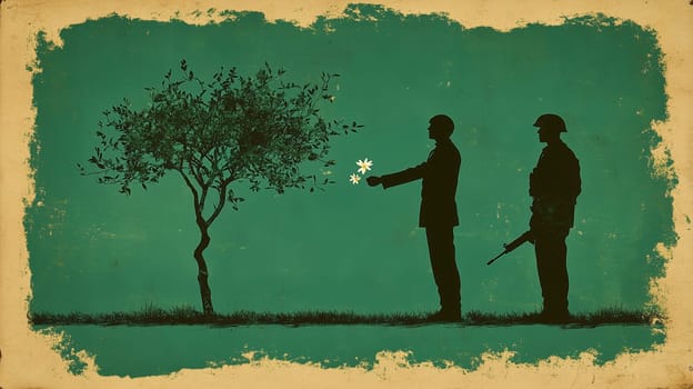 A symbolic silhouette illustration of a man offering a flower to an armed soldier near a tree, representing peace and conflict.
