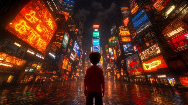 Illustration of a child gazing up at towering neon-lit signs in a futuristic cityscape at night, evoking a sense of wonder and exploration.