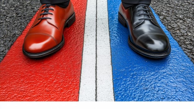 Symbolic image showing two polished dress shoes, one red and one black, separated by a white line on a red and blue surface, representing contrast or division.