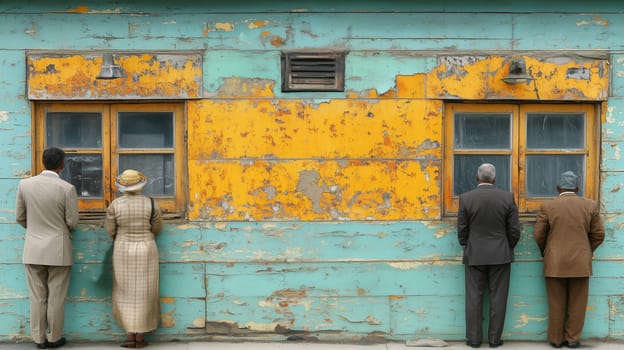 Four individuals in vintage attire stand facing the windows of a weathered building with peeling turquoise and yellow paint, evoking a nostalgic atmosphere.