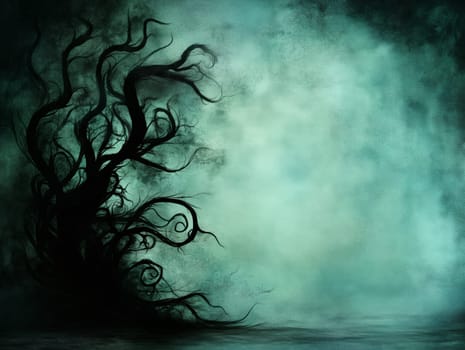 Abstract, eerie illustration of a twisted tree silhouette against a misty, green-toned background, evoking mystery and a haunting atmosphere