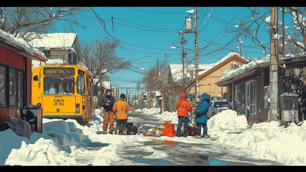 A lively winter village scene with people engaged in daily activities on a snowy street, featuring a bright yellow bus under a clear blue sky