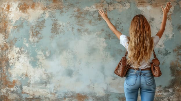 A woman with long hair, seen from behind, raises her arms while standing against a rustic, textured wall, wearing casual attire and carrying a small backpack.