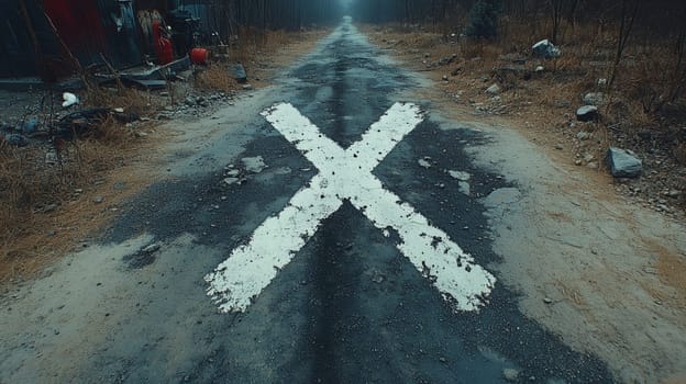 A solitary road stretches forward with a bold white X marking on the pavement, surrounded by a barren, rugged landscape, evoking mystery and isolation.