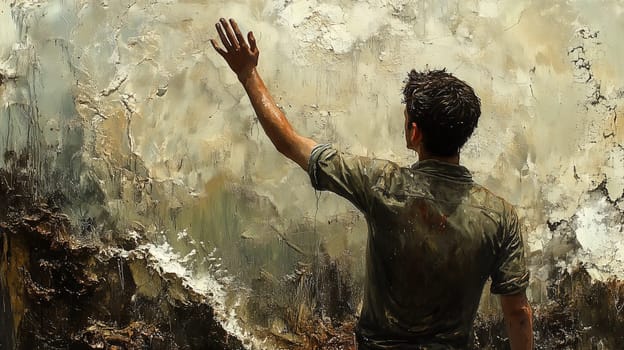A man with an outstretched hand faces a textured wall, creating a sense of connection and introspection. His rough attire complements the rugged background.