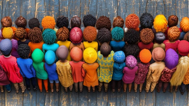 Aerial view of a group of individuals in vibrant, colorful attire, showcasing diversity and unity, standing closely together on a wooden floor.