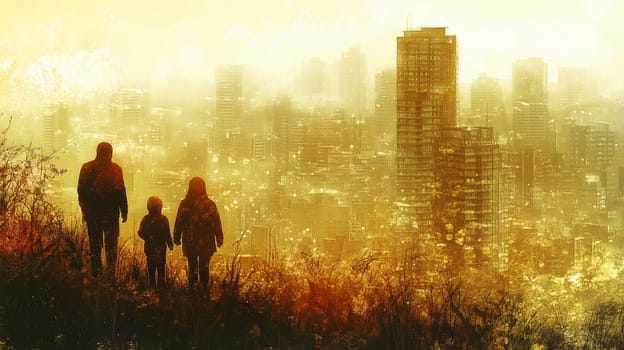 Silhouetted family stands on a hill, gazing over a hazy, golden cityscape at sunset, evoking themes of hope and resilience.