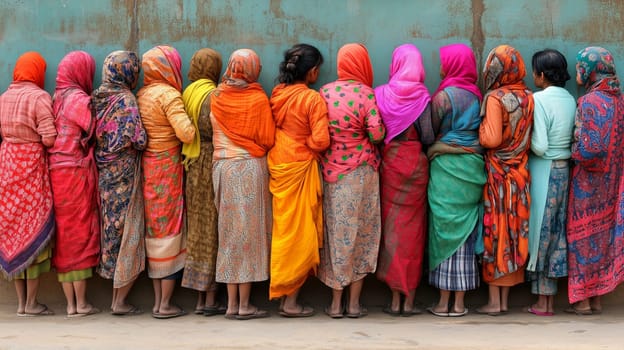 A row of women dressed in vibrant, traditional clothing, facing away from the camera, showcasing a rich diversity of colors and patterns.