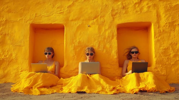Three women in yellow dresses and sunglasses work on laptops, seated in bright yellow wall niches. A stylish portrayal of remote work and creativity.