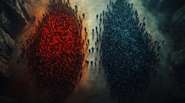 Dramatic overhead view of two opposing groups, one in red and one in blue, symbolizing conflict or rivalry, facing off in a stark setting.