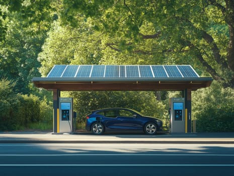 Illustration of an electric car charging at a solar-powered station surrounded by trees, symbolizing eco-friendly transportation in a natural environment.