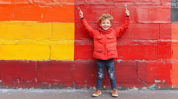 A young boy in a yellow shirt joyfully raises his hands in front of a vibrant, multicolored mural, creating a lively and playful scene.