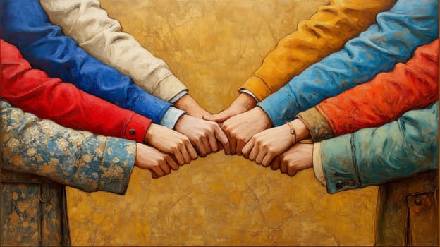 A vibrant painting showing pairs of hands interlocked, each wearing different colored sleeves, symbolizing unity, friendship, and diversity