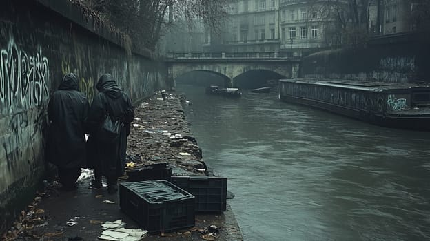Dark, moody scene along a graffiti-covered canal with scattered crates and litter, evoking desolation and decay.