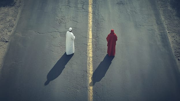 Aerial view of two people in traditional attire, one in white and the other in red, standing on opposite sides of a road. Symbolizes division, contrast, and cultural diversity.