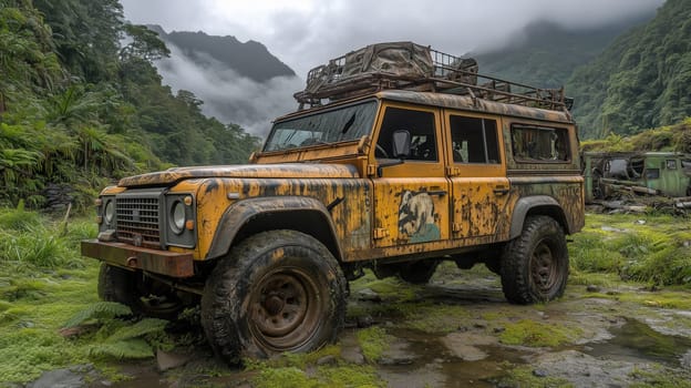 Rusty, abandoned off-road vehicle with overgrown plants in a misty jungle setting, evoking a sense of adventure and decay in a remote location.