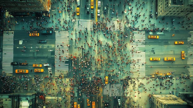 High-angle view of a busy urban intersection filled with pedestrians and yellow taxis, highlighting the city's hustle and dense population.
