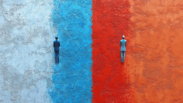 Aerial view of two people standing on divided blue and red backgrounds, symbolizing opposition or contrast. Highlights themes of difference, division, and separation.