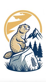 A marmot stands proudly on a rock, surrounded by mountains and trees, enjoying a sunny day in a picturesque natural setting - Logo illustration - Generative AI