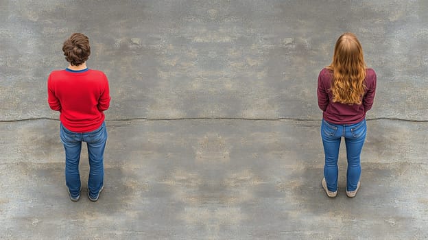 A man and woman stand distanced from each other on a concrete surface, symbolizing separation, distance, or social dynamics, captured from an aerial perspective.