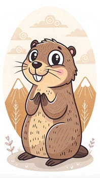 This cartoon beaver, with a joyful expression, is positioned in a delightful mountain setting, showcasing a playful sense of character - Logo illustration - Generative AI