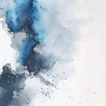 This artwork features a blend of blue and grey watercolor, creating fluid patterns and soft textures that flow seamlessly into a light backdrop, evoking a sense of calm.