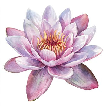 This artwork features a blooming lotus flower, characterized by its soft pink and white petals surrounding a vibrant golden core, beautifully illustrated in watercolor.