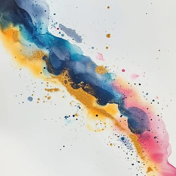 This abstract artwork features a flowing blend of blue, pink, and gold hues, creating a dynamic visual effect reminiscent of cosmic elements in vibrant motion.